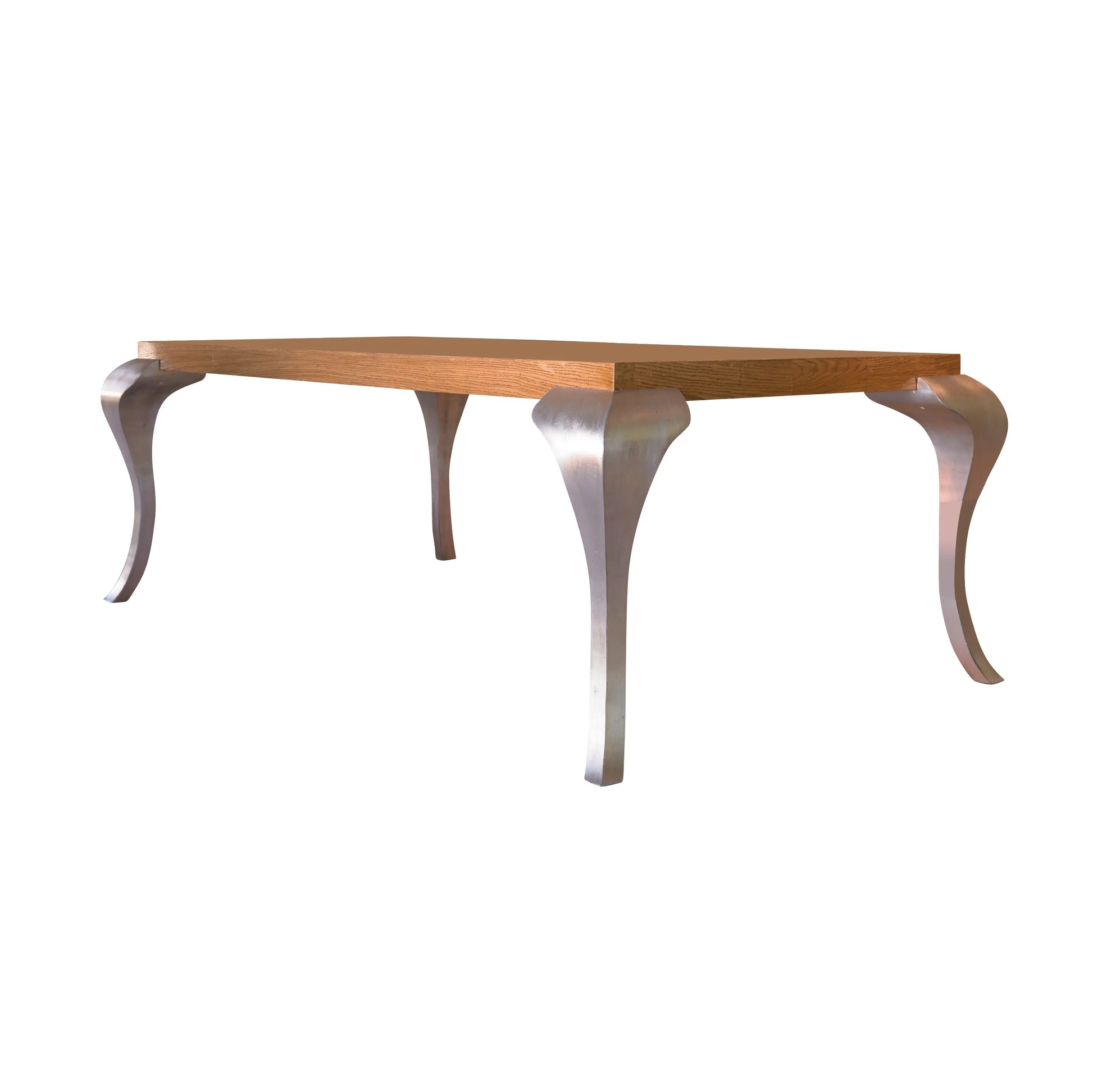 Mesa de comedor Manila con tablero de madera y patas metálicas curvas sobre fondo blanco