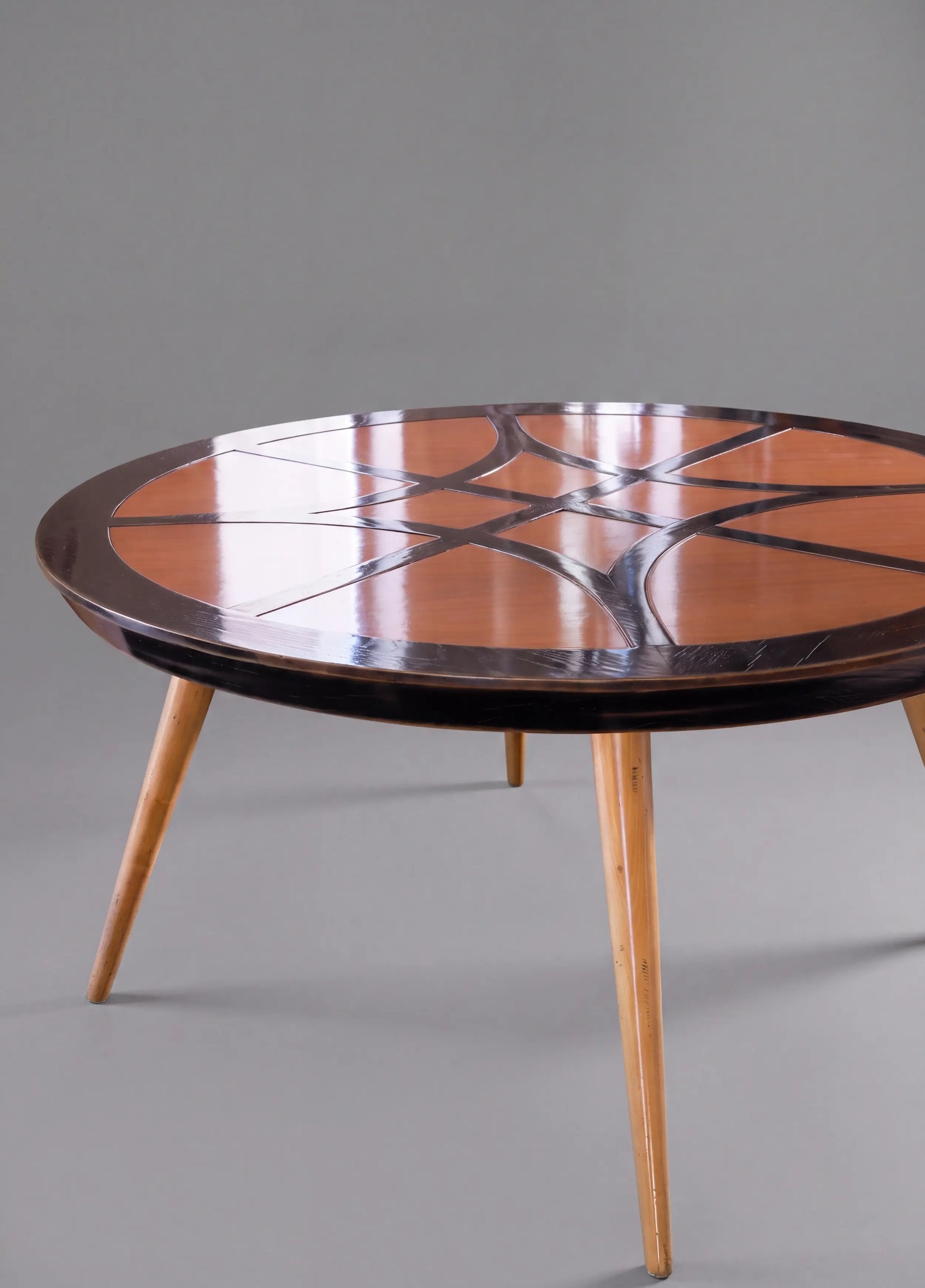 Detalle del tablero decorativo de la Mesa Paolo con dibujo geométrico sobre madera brillante