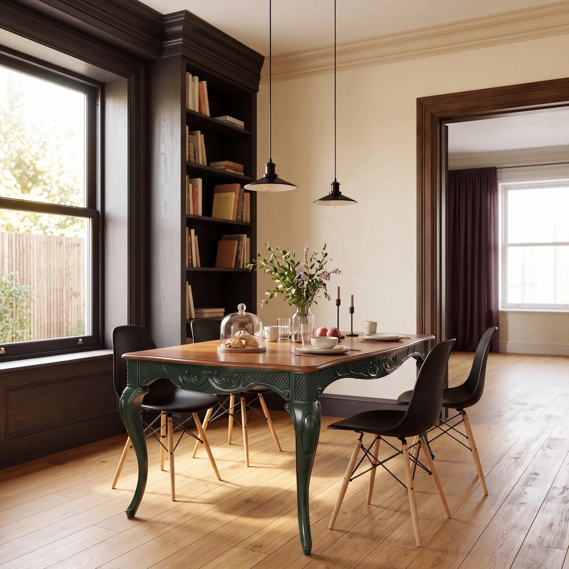 Mesa Dafoe integrada en un comedor contemporáneo con sillas negras y suelo de madera.