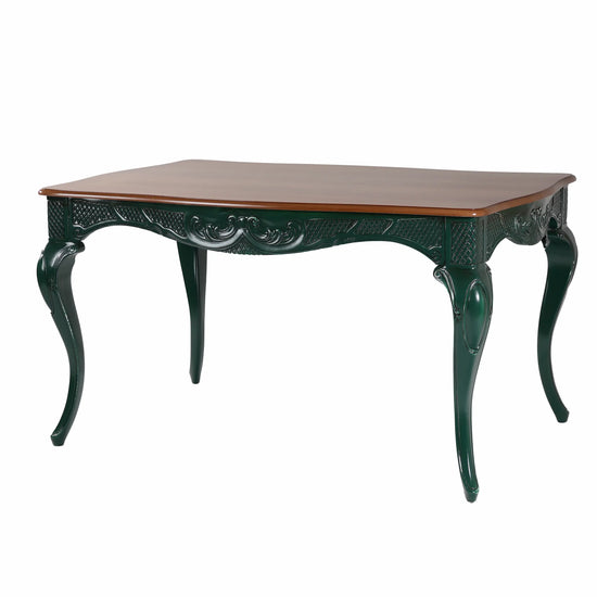Mesa Dafoe en perspectiva, con sobre cálido, estructura verde y patas curvas.