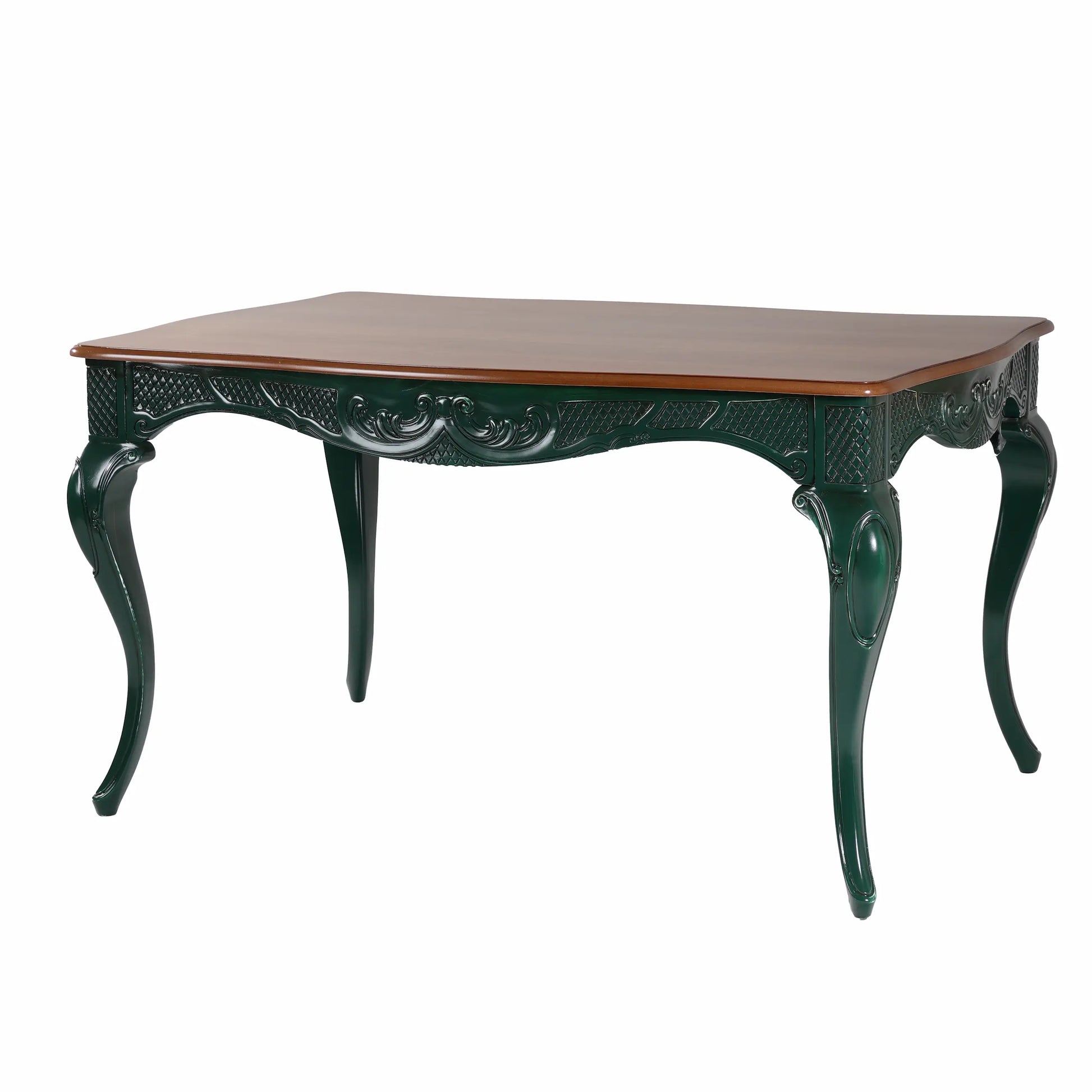 Mesa Dafoe en perspectiva, con sobre cálido, estructura verde y patas curvas.