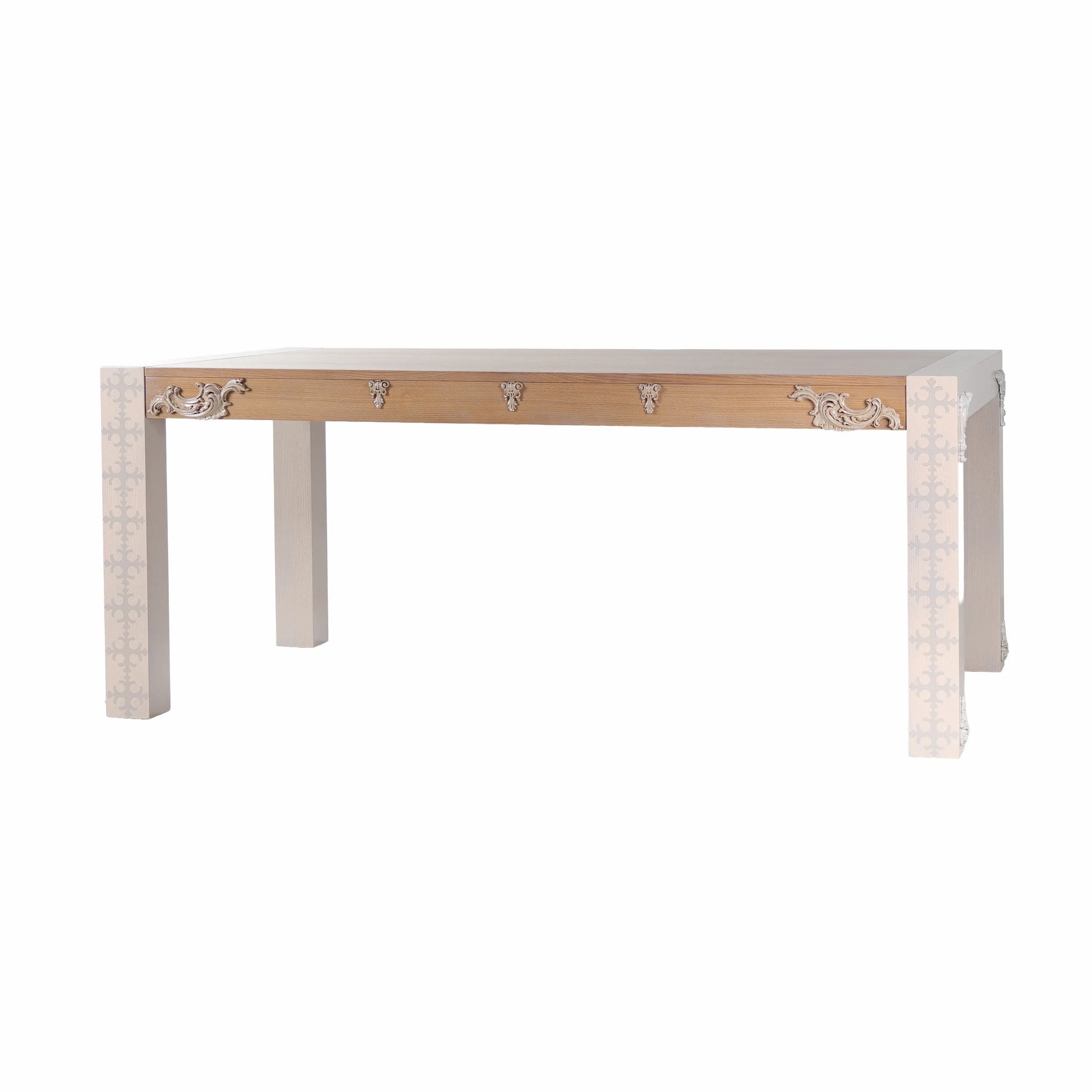 Mesa Eclipse extensible de diseño artesanal con patas decoradas y frente ornamental