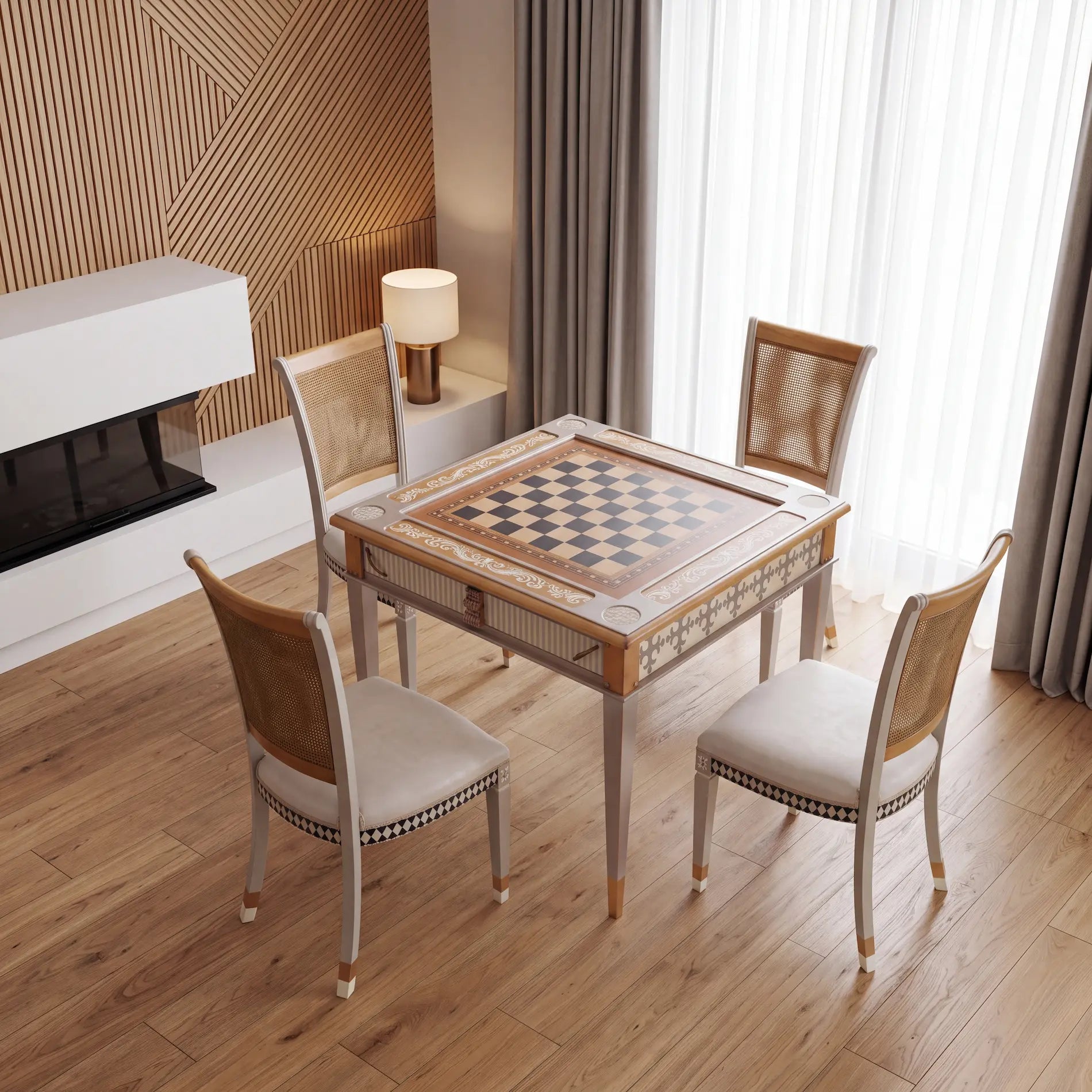 Mesa Kapello con cuatro sillas en un salón contemporáneo y luminoso.