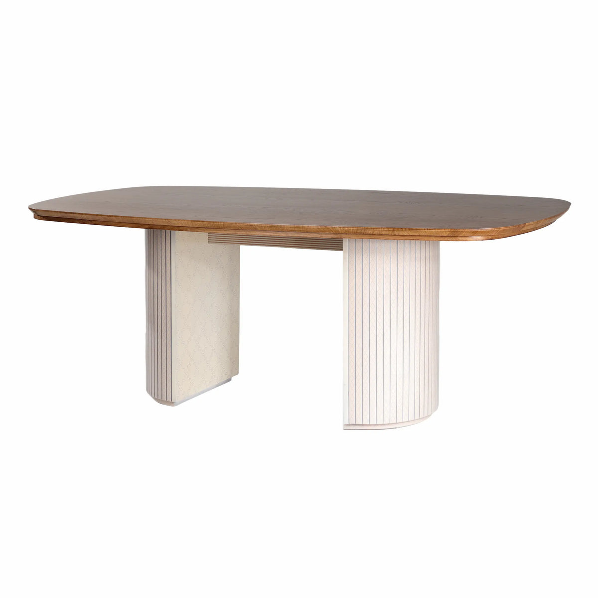 Vista completa de la Mesa Moon, mesa de comedor con sobre cálido y dos pedestales decorativos.
