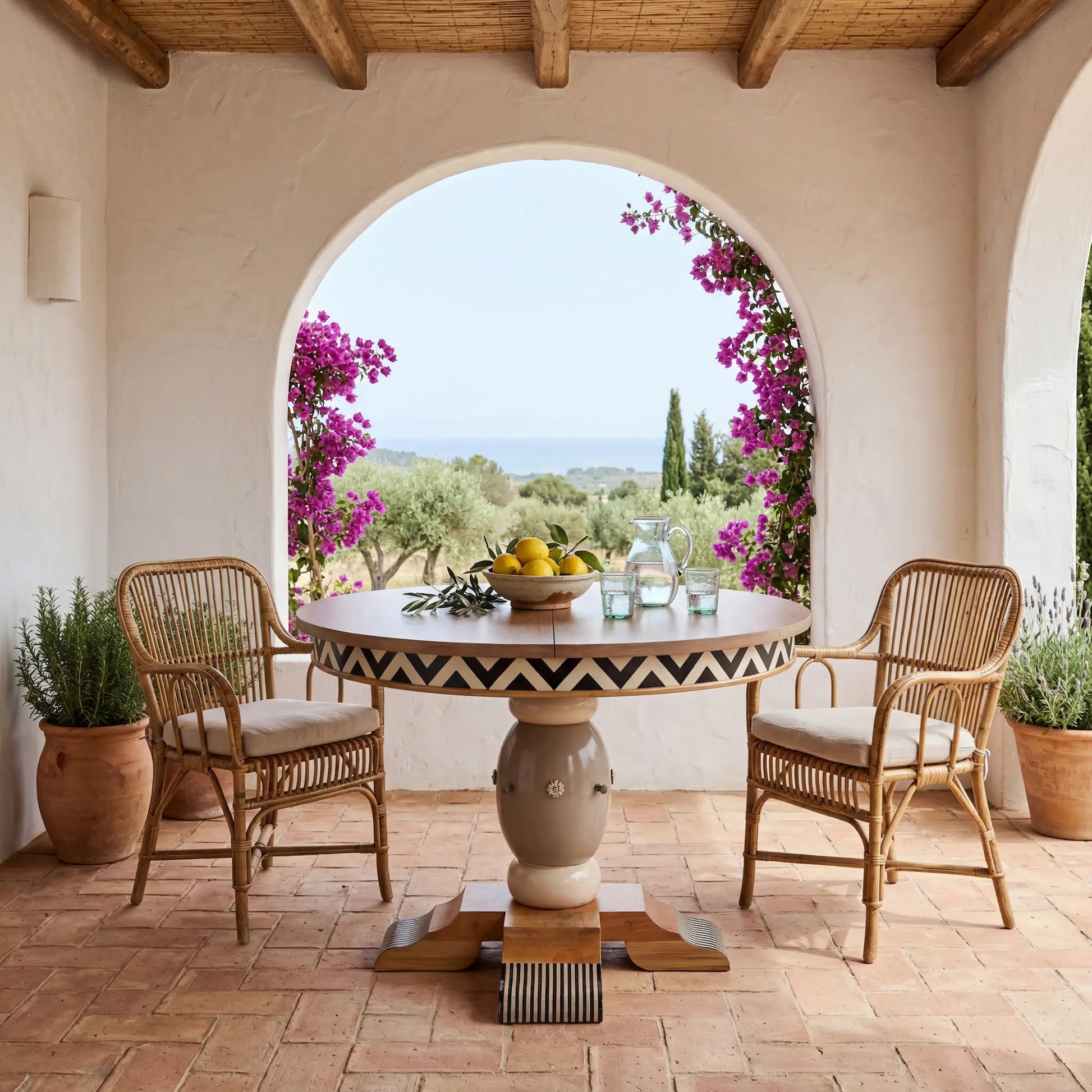 mesa de madera de calidad en patio mediterraneo