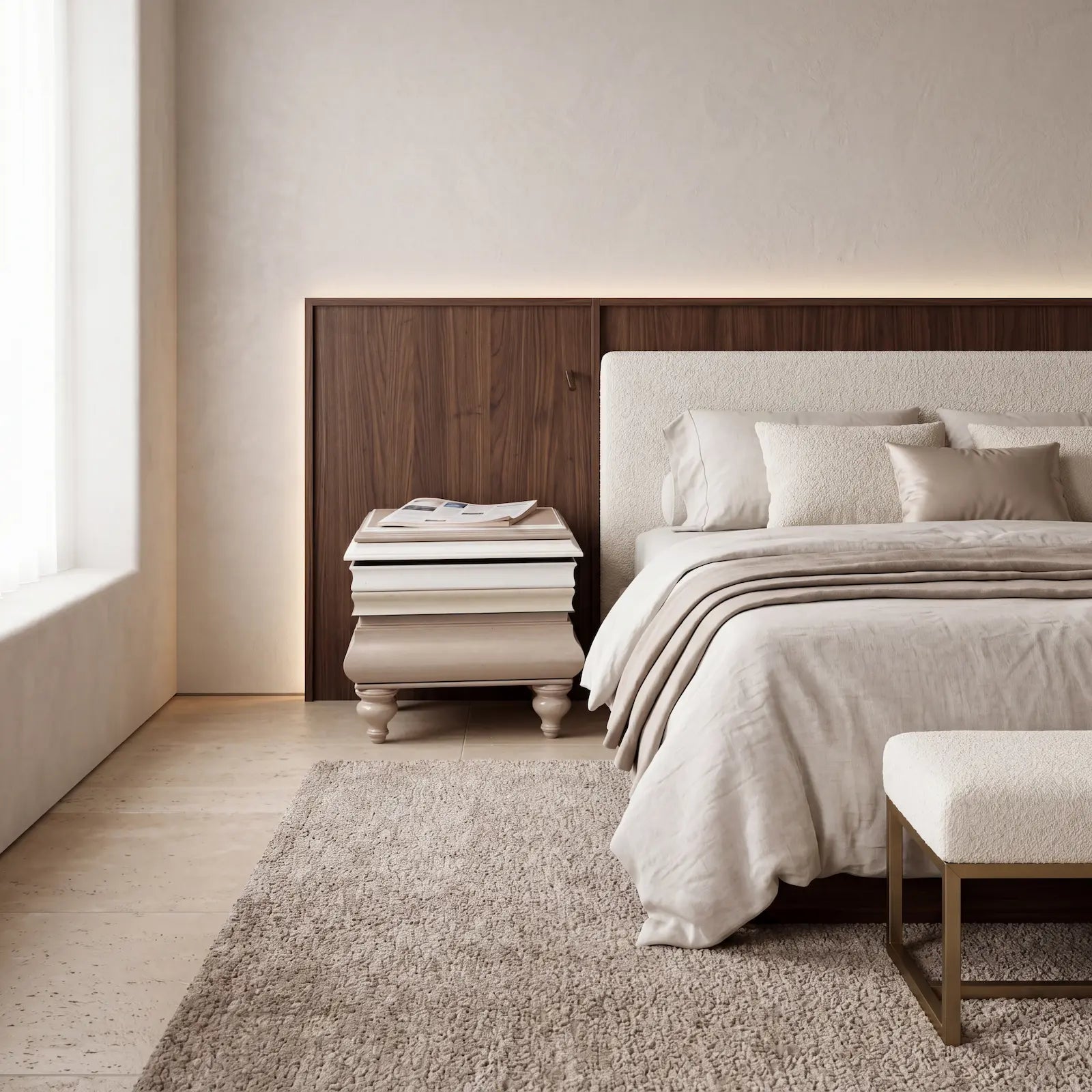 Mesilla La Mer en dormitorio de tonos neutros junto a cama tapizada, cabecero de madera y alfombra clara.