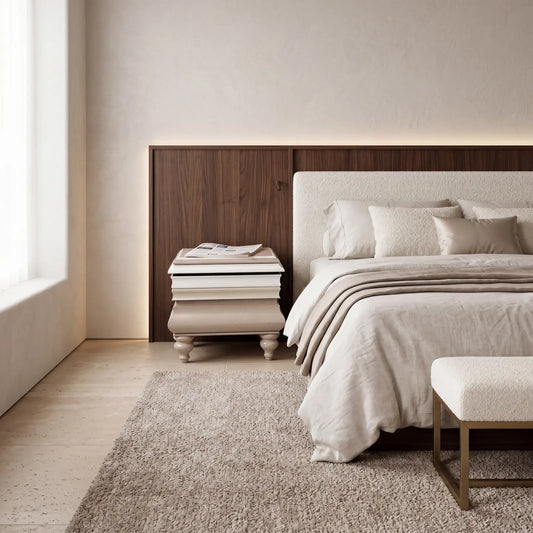 Mesilla La Mer en dormitorio de tonos neutros junto a cama tapizada, cabecero de madera y alfombra clara.
