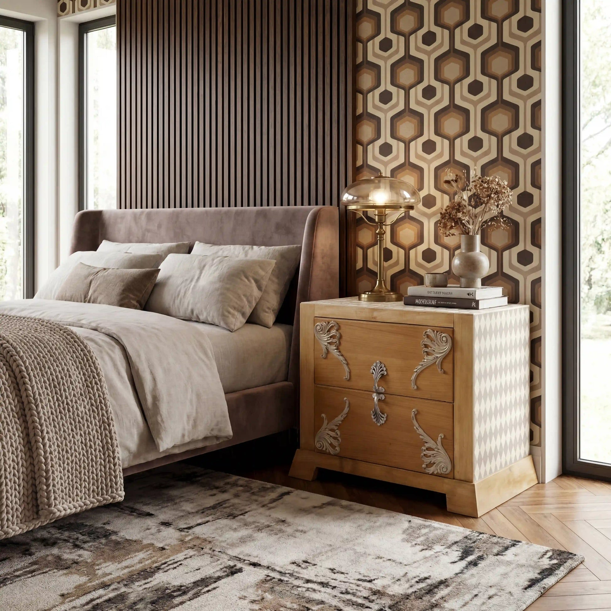 Mesita Chianti mesita de diseño junto a cama de dormitorio