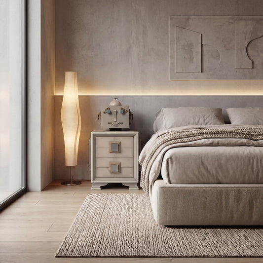 mesita Dinastía Robot colocada junto a la cama en dormitorio contemporáneo