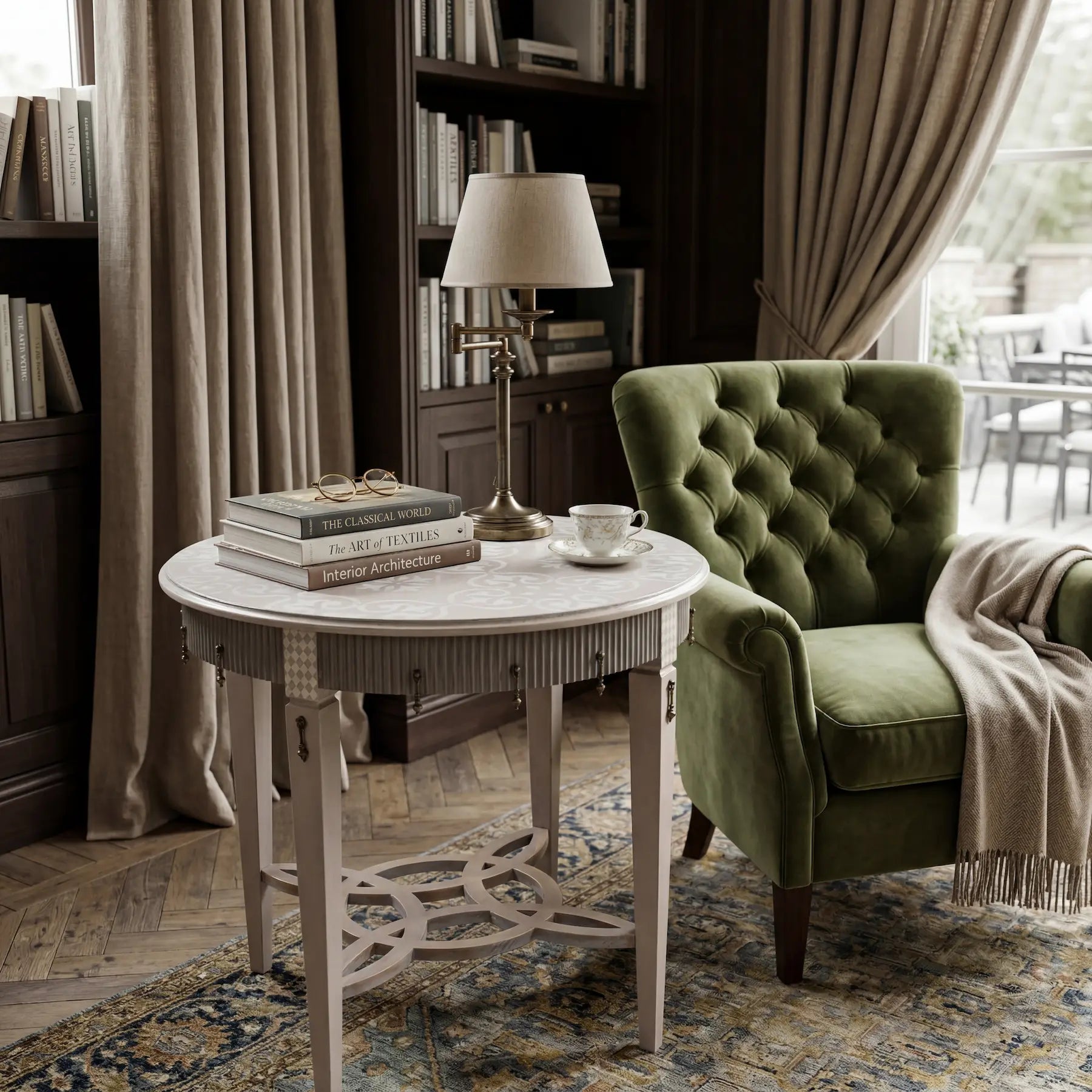Mesita Milos en salón elegante junto a sillón tapizado y lámpara