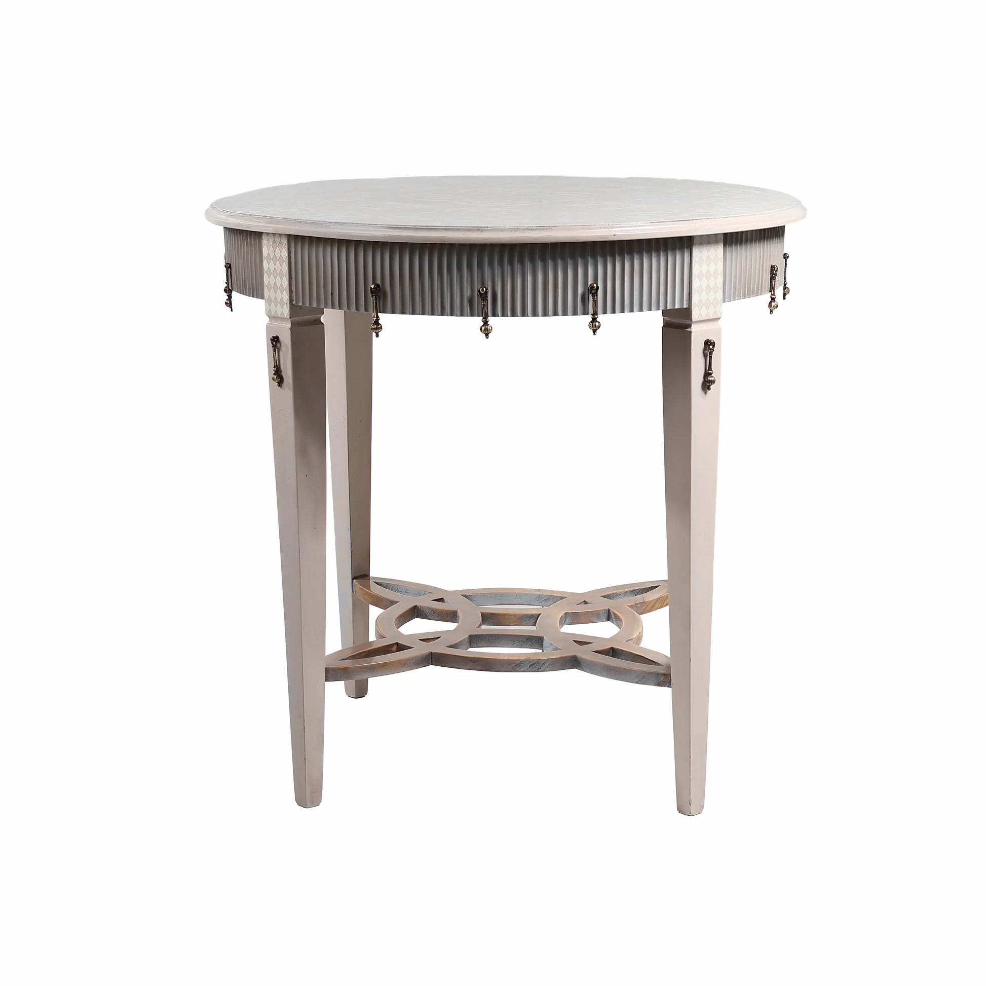 Mesita Milos redonda en acabado claro con estructura de madera y diseño elegante