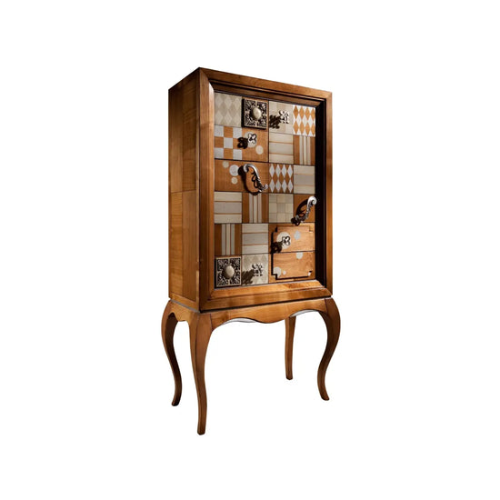 Entrada Cibeles, mueble de entrada de diseño en madera con patas curvas, cajones y frente geométrico