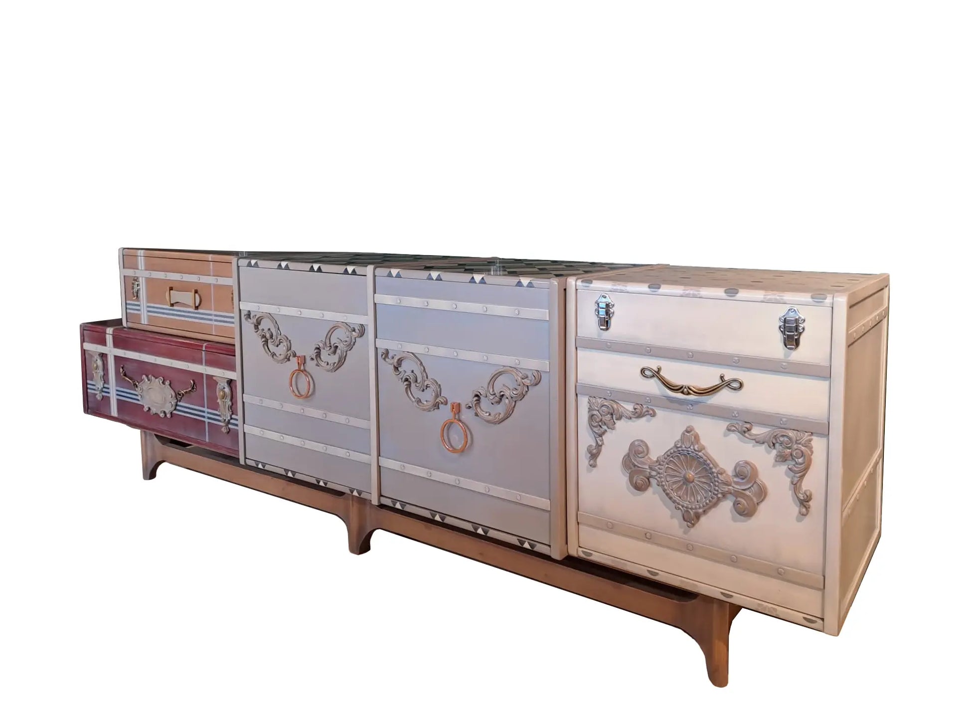 mueble de diseño con maletas y cajones sobre fondo blanco