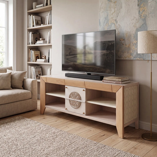 Mueble TV Ada en salón elegante, con estantes abiertos, cajones centrales y detalles ornamentales.