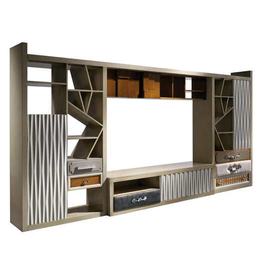 Mueble de TV Amore de diseño artesanal con estanterías, cajones y espacio central para televisión.