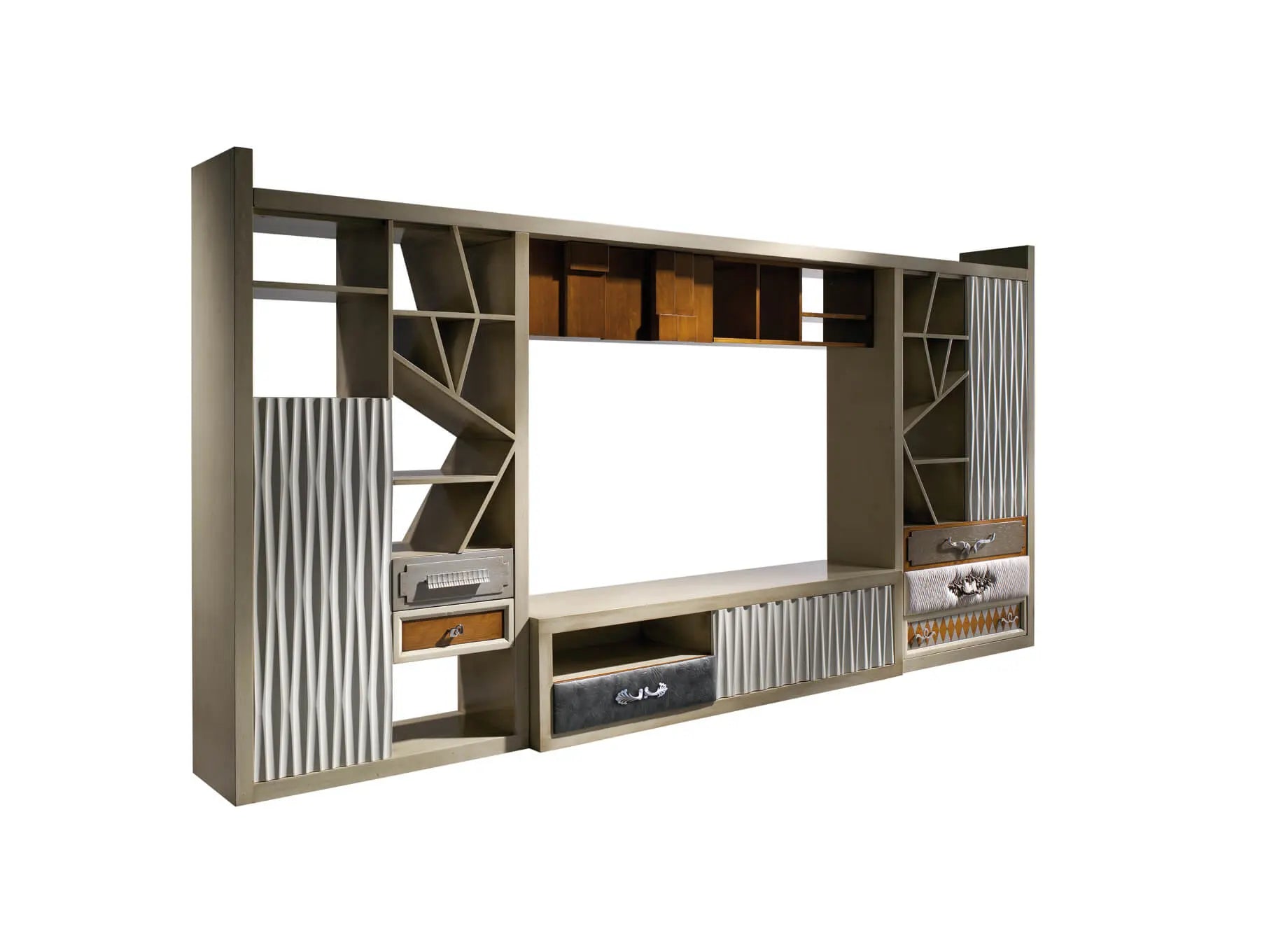 Mueble de TV Amore de diseño artesanal con estanterías, cajones y espacio central para televisión.