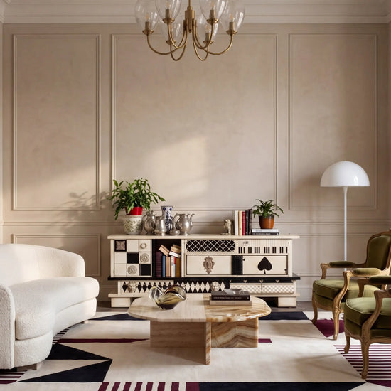 Mueble TV de diseño Vintage en blanco y negro colocado en un salón elegante