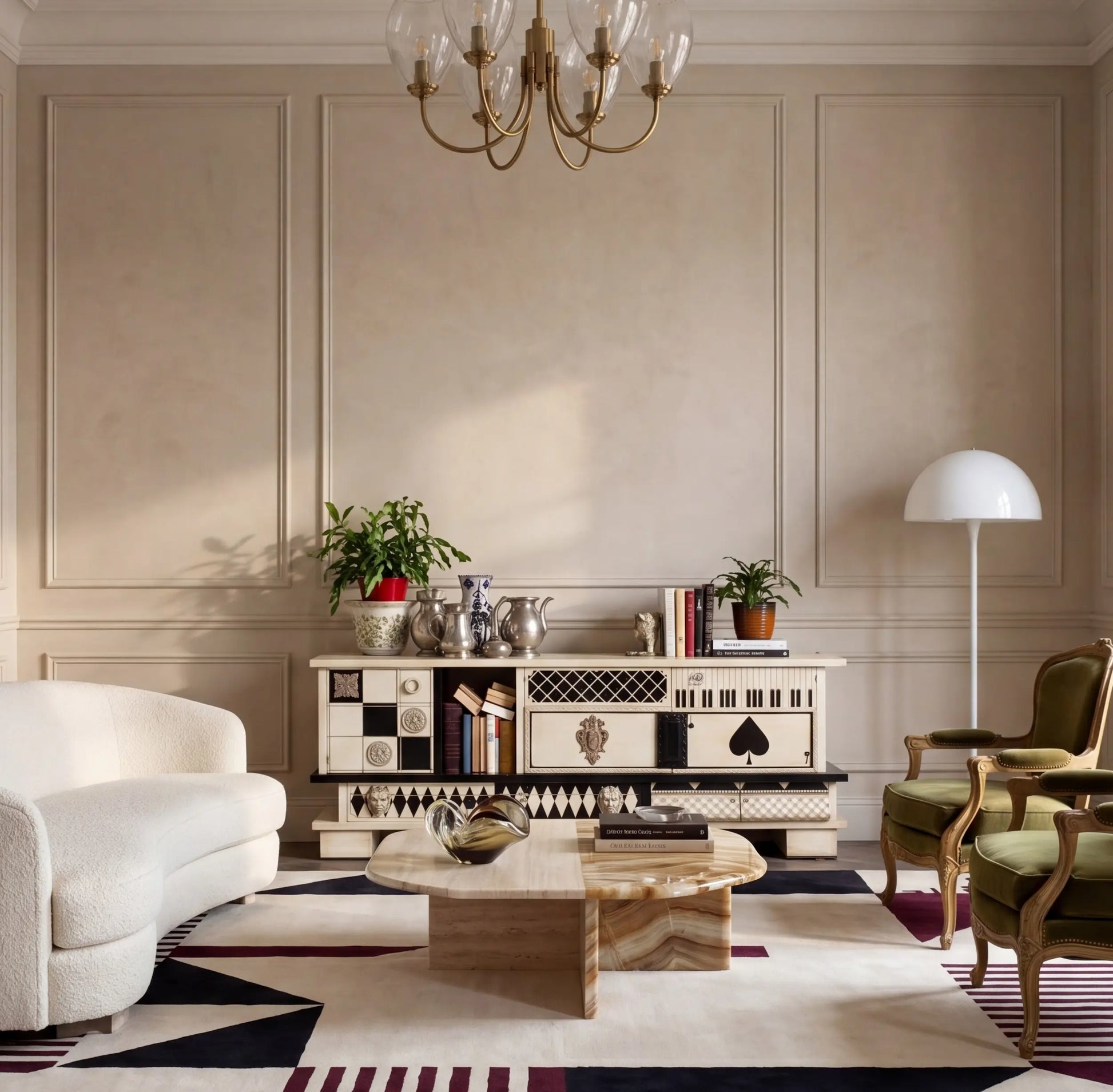 Mueble TV de diseño Vintage en blanco y negro colocado en un salón elegante