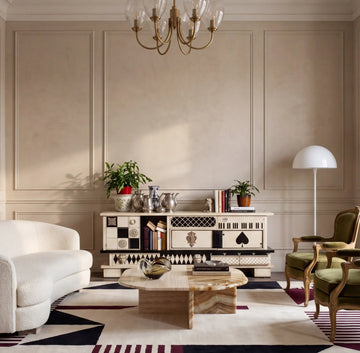 Mueble TV de diseño Vintage en blanco y negro colocado en un salón elegante