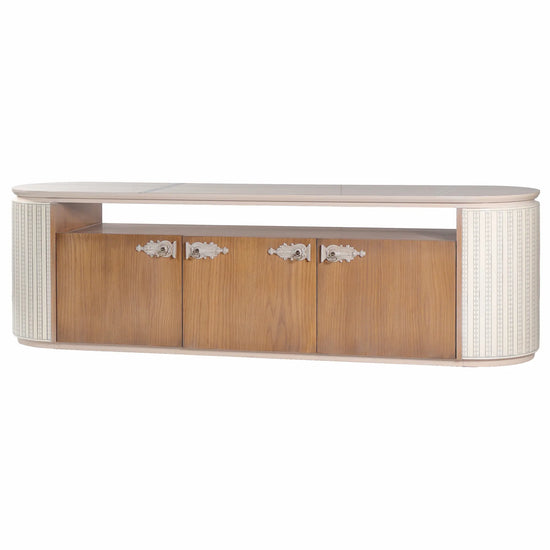 Mueble TV Rondo con puertas de madera, extremos curvos decorados y tapa en tonos claros