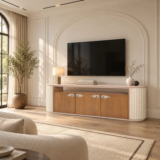Mueble TV Rondo en un salón luminoso de inspiración clásica contemporánea