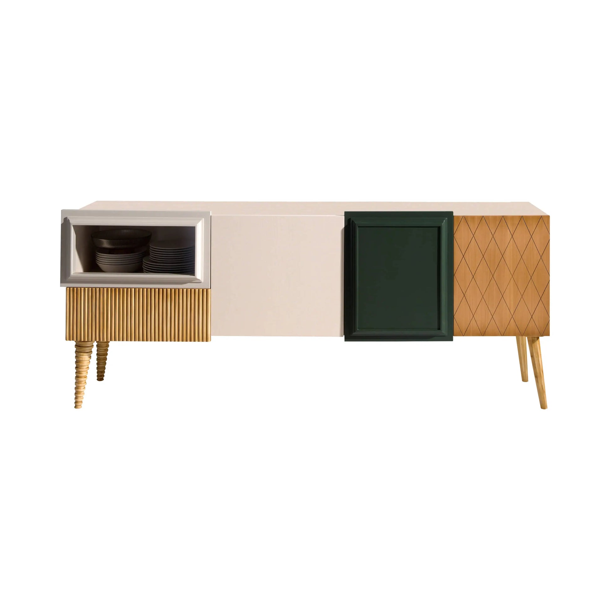 Mueble de TV Uka en madera y lacados con composición escultórica sobre fondo blanco.