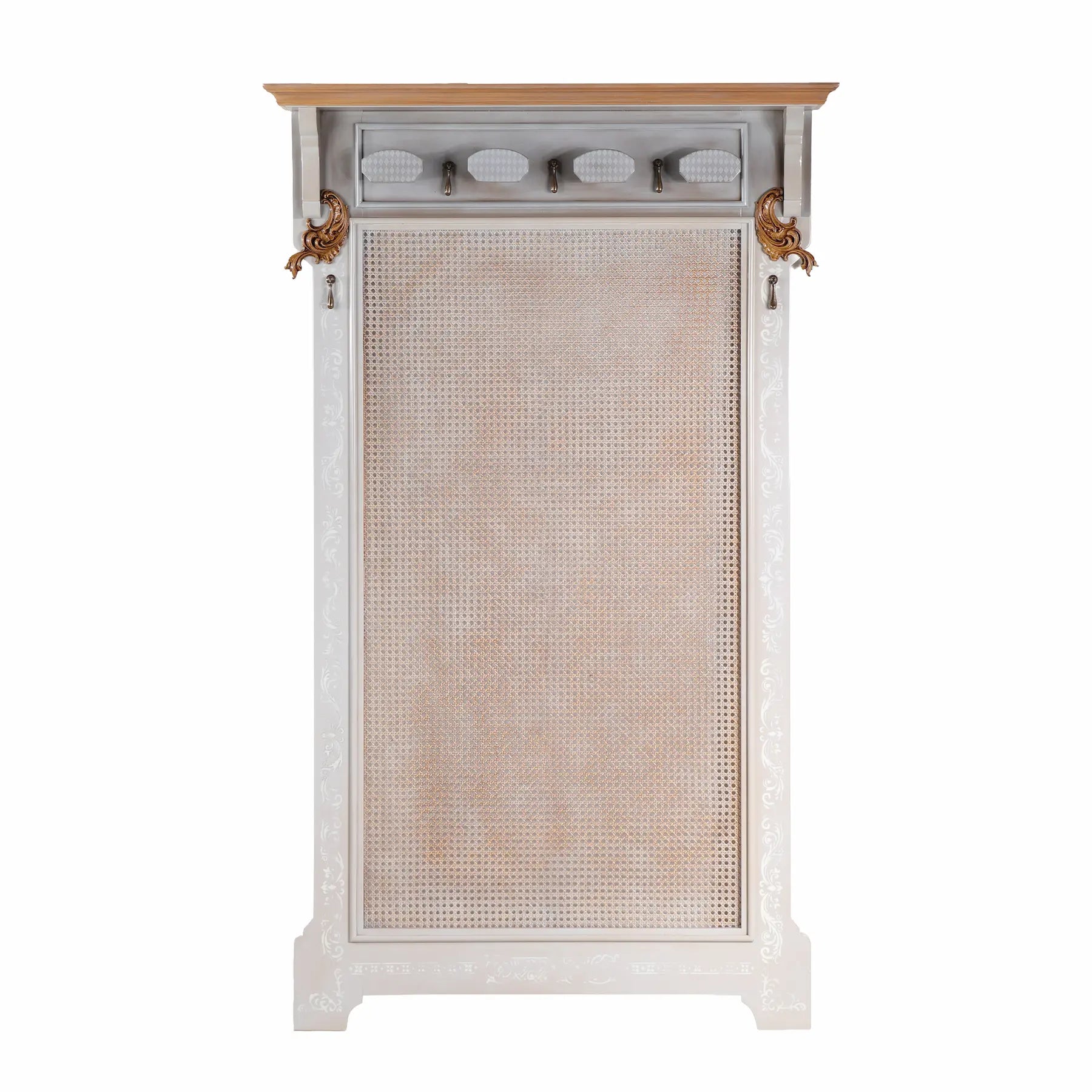 Vista frontal del Perchero Rejilla, perchero de pared con panel de rejilla, colgadores y decoración ornamental.