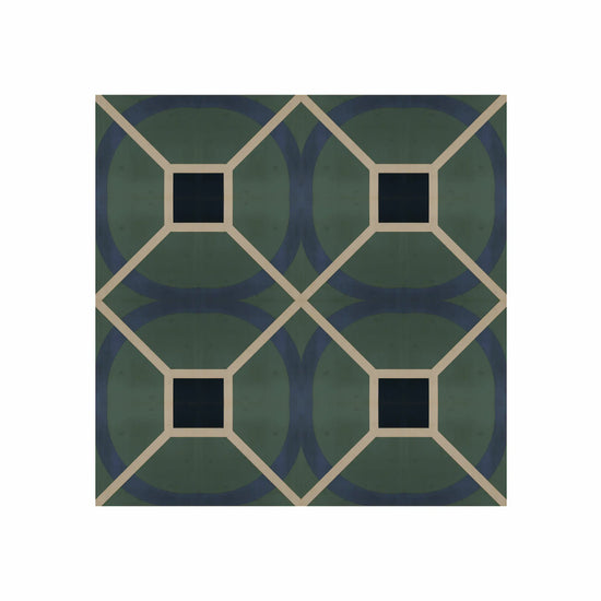 Revestimiento 02 con diseño geométrico simétrico en tonos verde, azul oscuro y líneas claras, fabricado en aglomerado y contrachapado de cerezo