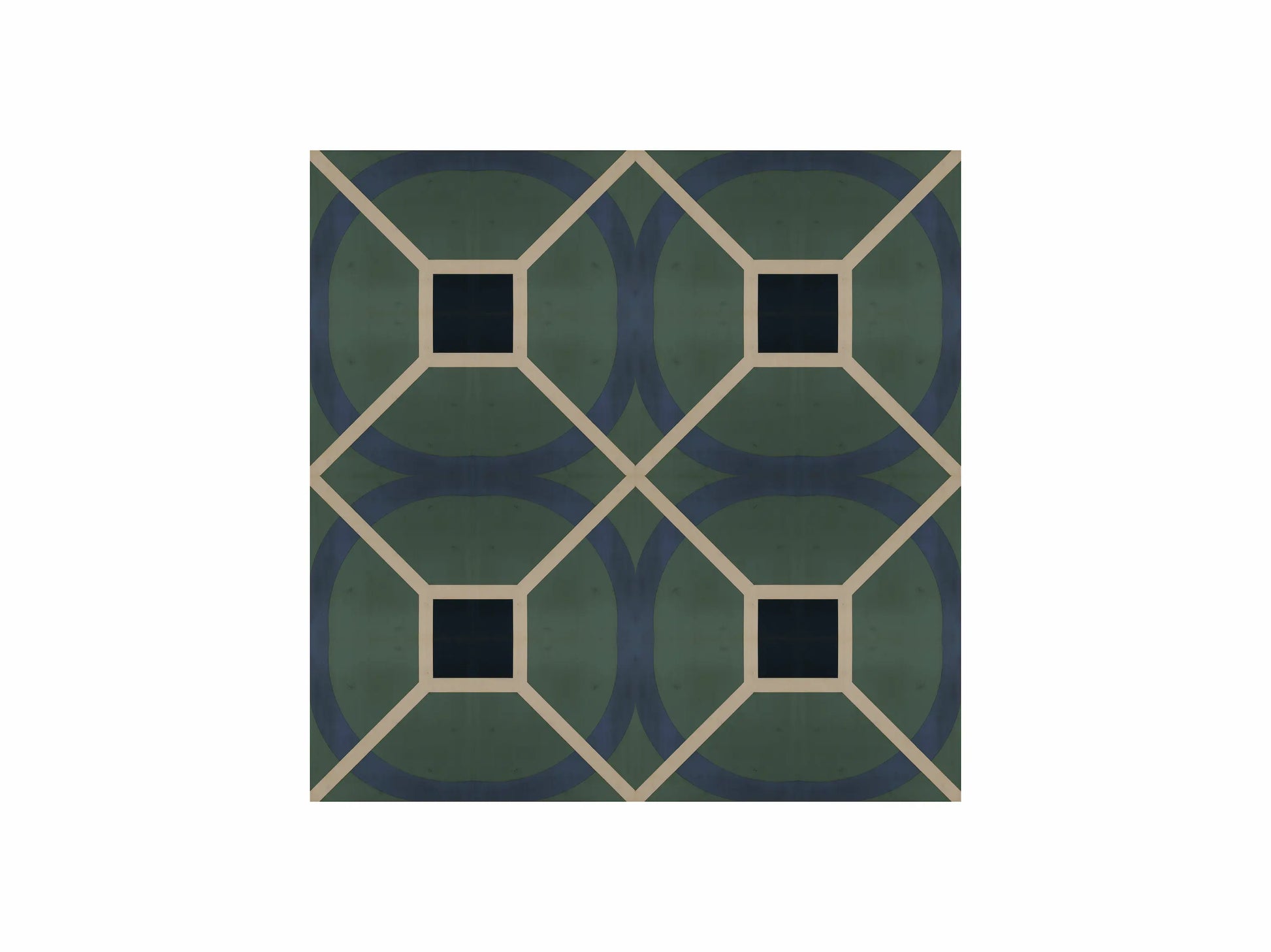 Revestimiento 02 con diseño geométrico simétrico en tonos verde, azul oscuro y líneas claras, fabricado en aglomerado y contrachapado de cerezo
