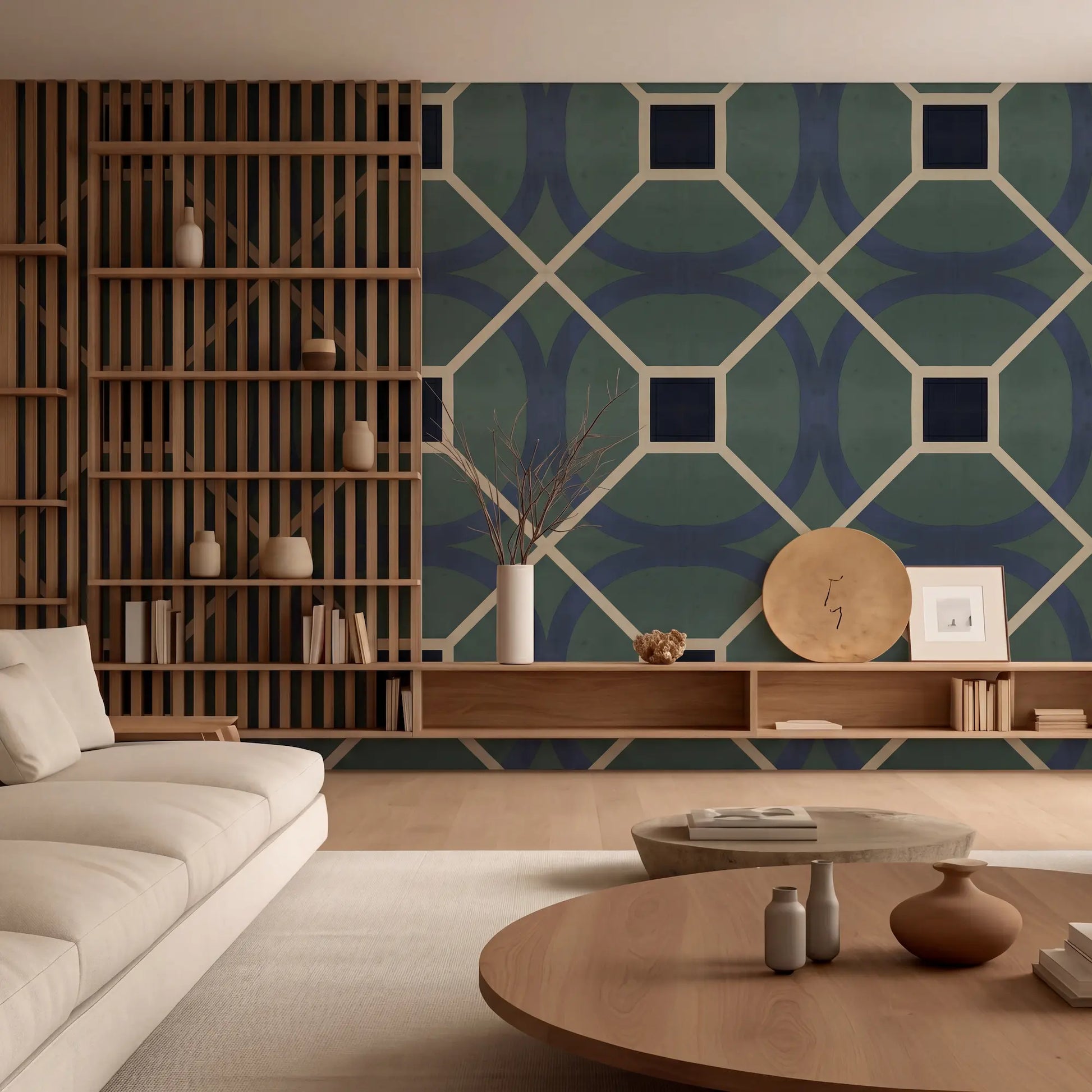 Revestimiento de pared Revestimiento 02 instalado en salón contemporáneo con diseño geométrico modular en aglomerado y contrachapado de cerezo