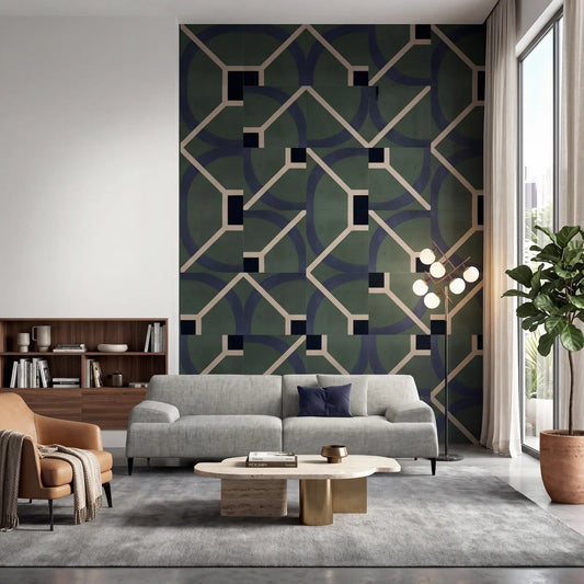 Revestimiento de pared modular Revestimiento 02 en aglomerado y contrachapado de cerezo con diseño geométrico instalado en salón contemporáneo