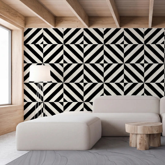 Revestimiento 05 instalado en salón contemporáneo con patrón geométrico blanco y negro en pared decorativa