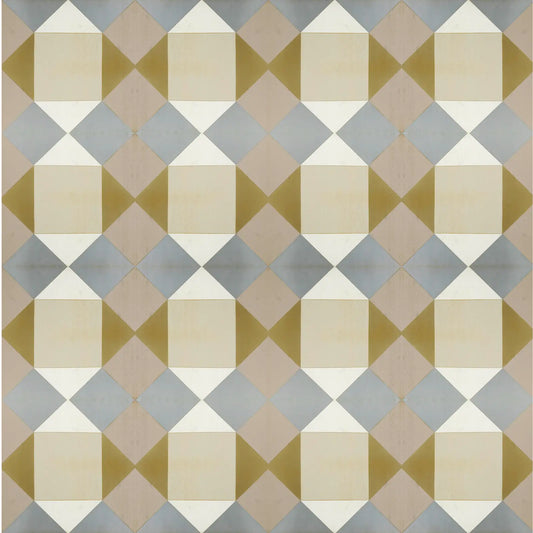 Detalle del Revestimiento 09 con diseño geométrico en tonos beige, gris, blanco y dorado
