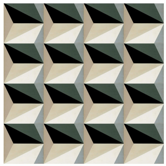 Detalle del Revestimiento 10 con formas geométricas en tonos verde, negro, beige y gris