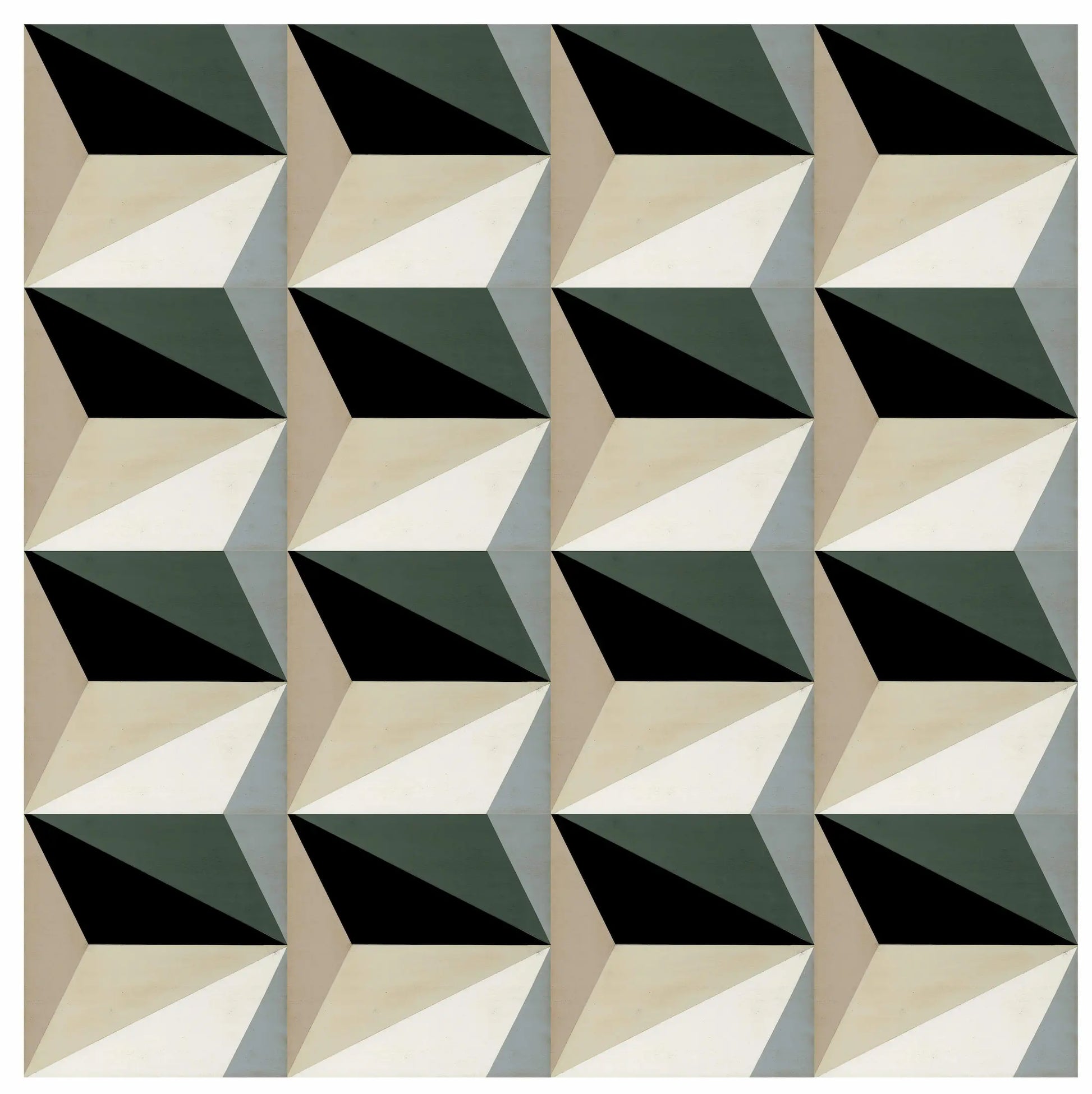 Detalle del Revestimiento 10 con formas geométricas en tonos verde, negro, beige y gris