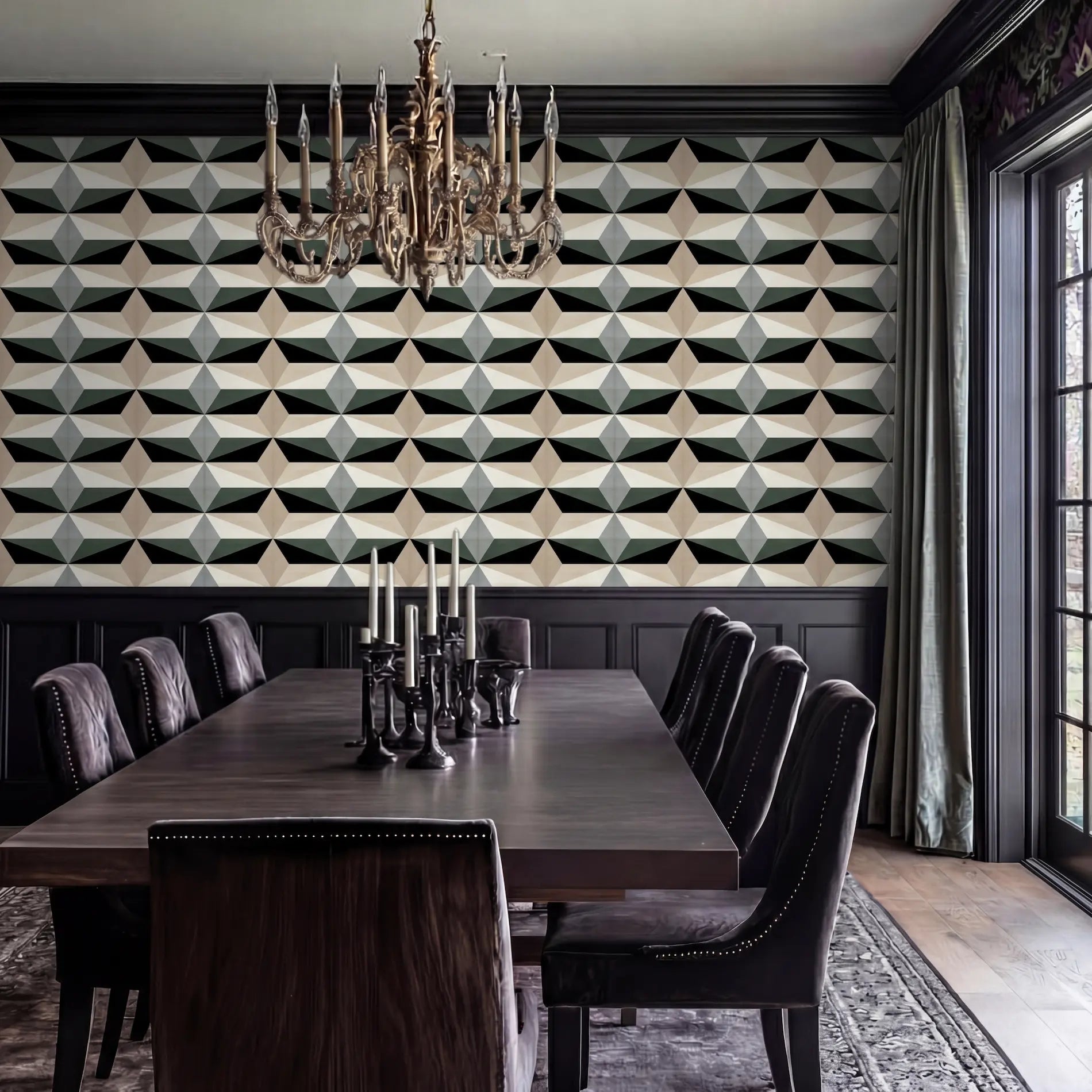 Revestimiento 10 geométrico de madera de cerezo en comedor de estilo elegante
