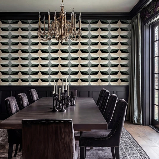 Revestimiento 10 geométrico de madera de cerezo en comedor de estilo elegante

