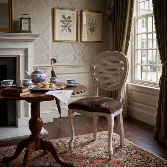 Silla Manila en ambiente clásico con mesa auxiliar y decoración elegante.
