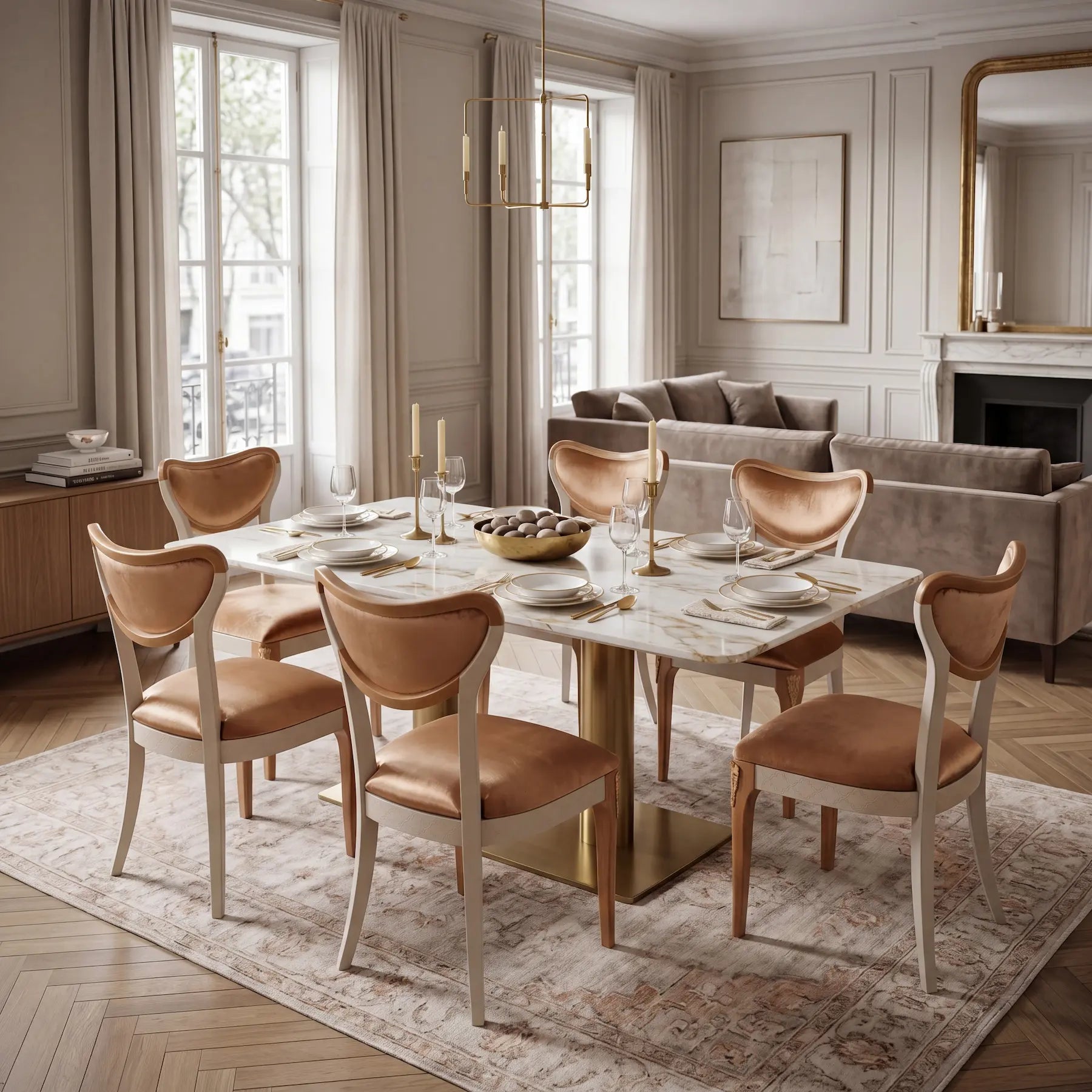 Sillas Cuore tapizadas en champagne en un comedor elegante de estilo sofisticado.