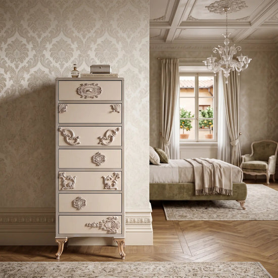 Sinfonier Palermo en dormitorio elegante con acabado beige y relieves ornamentales.