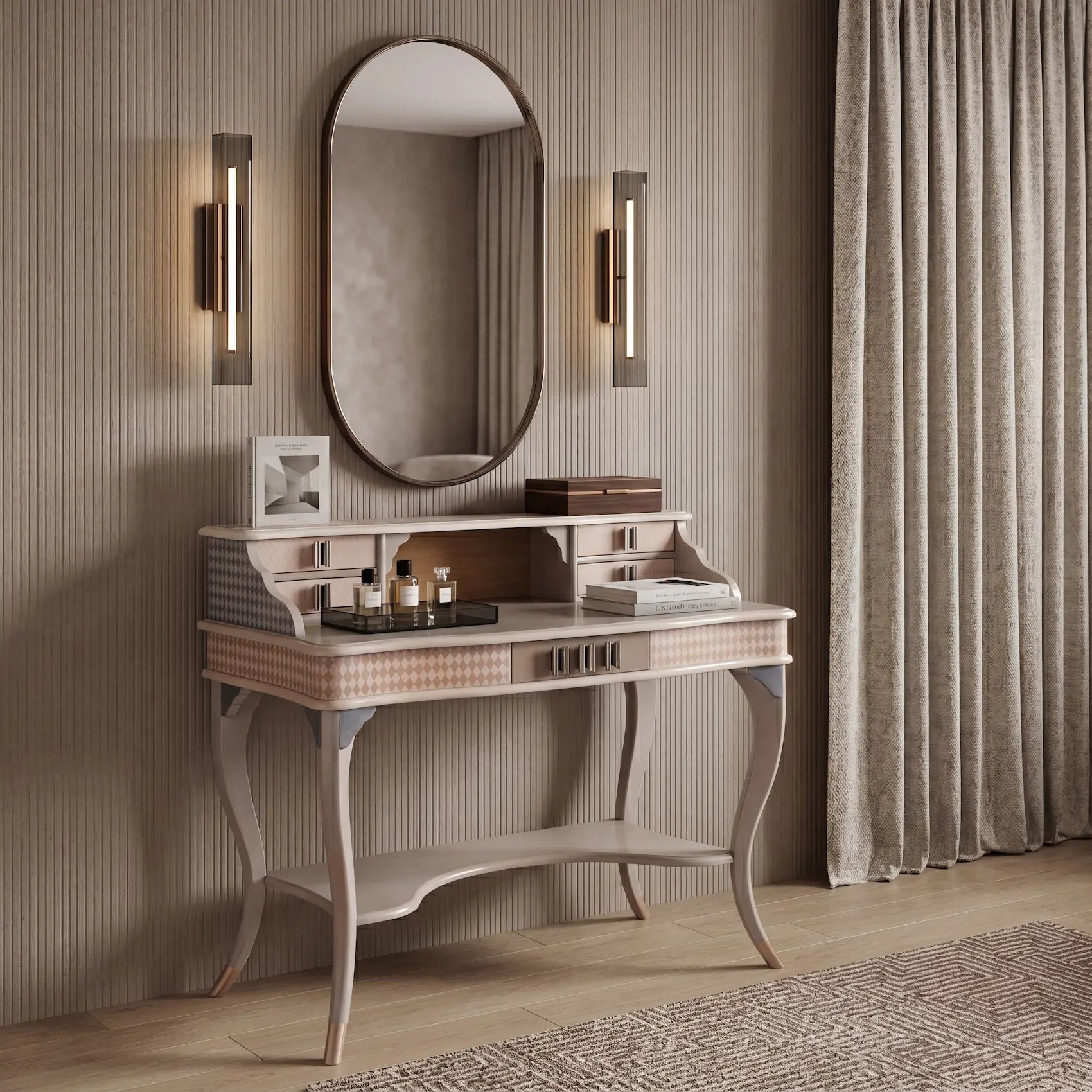 Tocador Candy en un elegante rincón de maquillaje con espejo y decoración contemporánea.