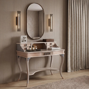 Tocador Candy en un elegante rincón de maquillaje con espejo y decoración contemporánea.