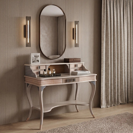 Tocador Candy en un elegante rincón de maquillaje con espejo y decoración contemporánea.