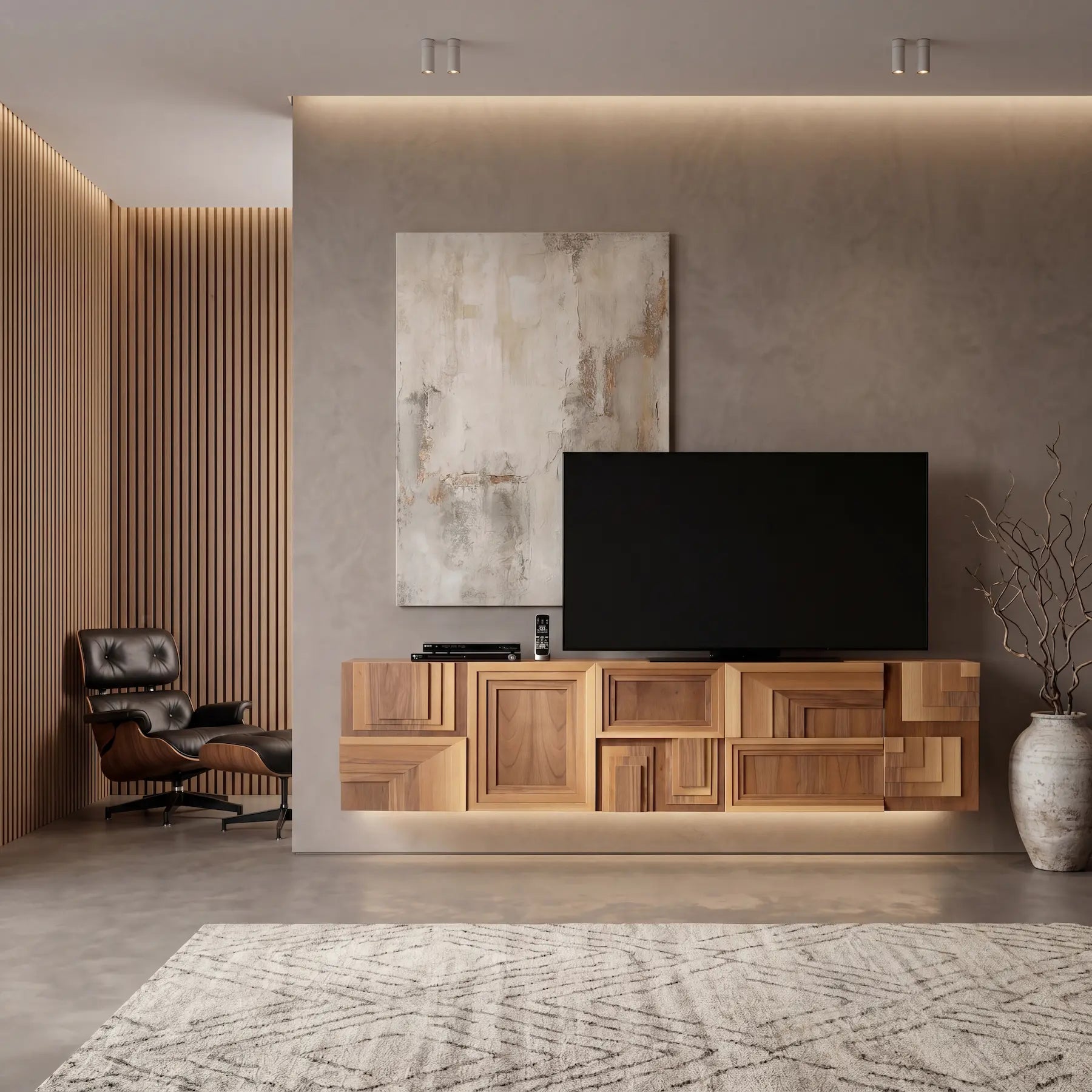 TV Totem Suspendido en ambiente contemporáneo integrado como mueble escultórico para salón.