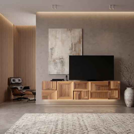 TV Totem Suspendido en ambiente contemporáneo integrado como mueble escultórico para salón.