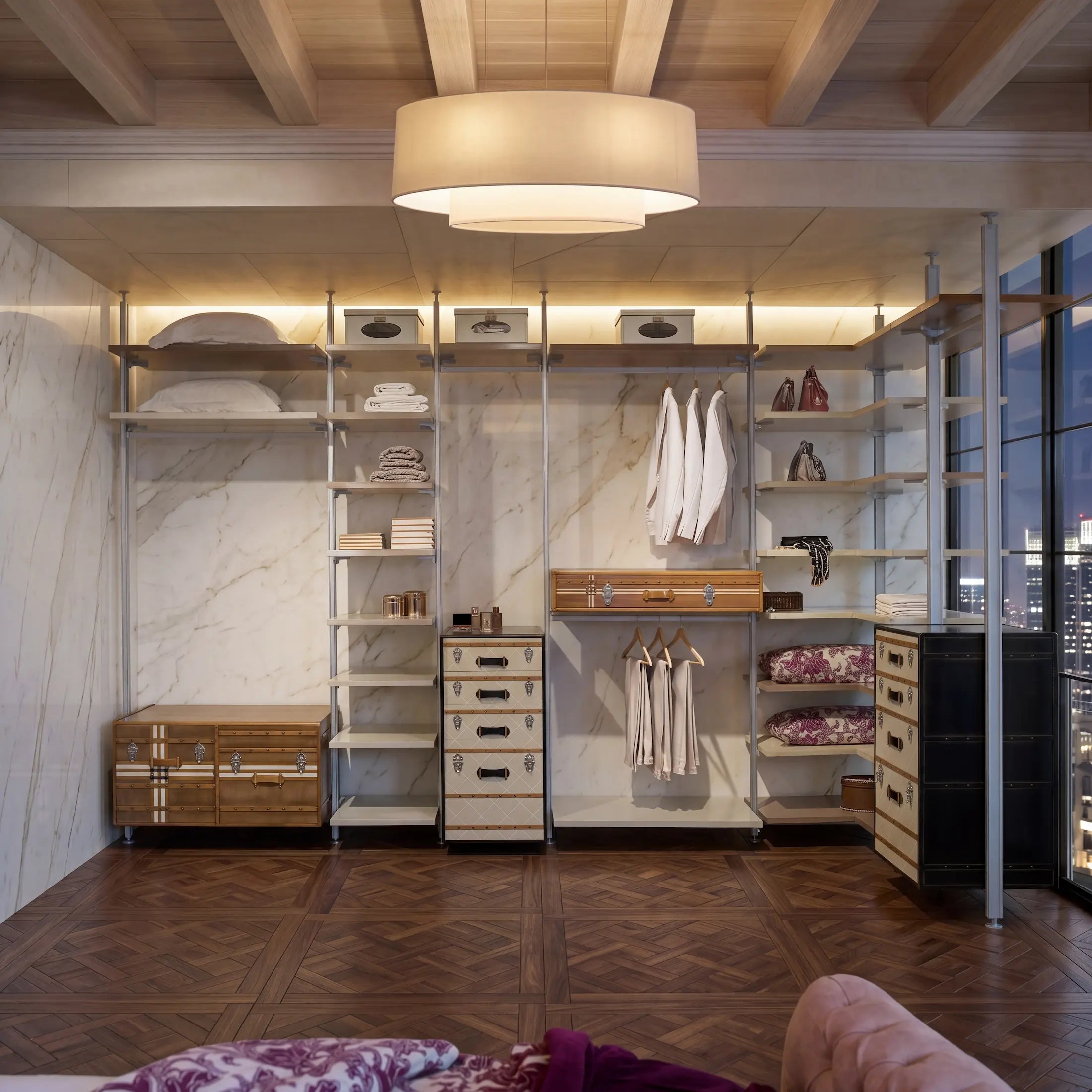 vestidor suitcase en dormitorio abierto con modulos y estantes
