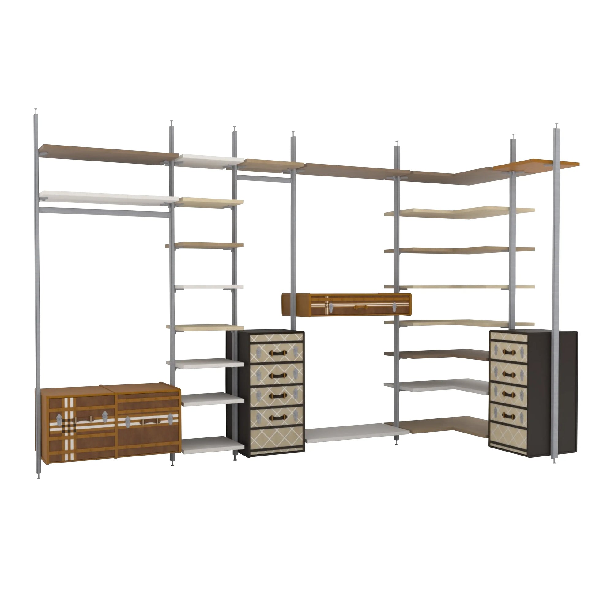 vestidor suitcase modular abierto con estantes y modulos de almacenaje