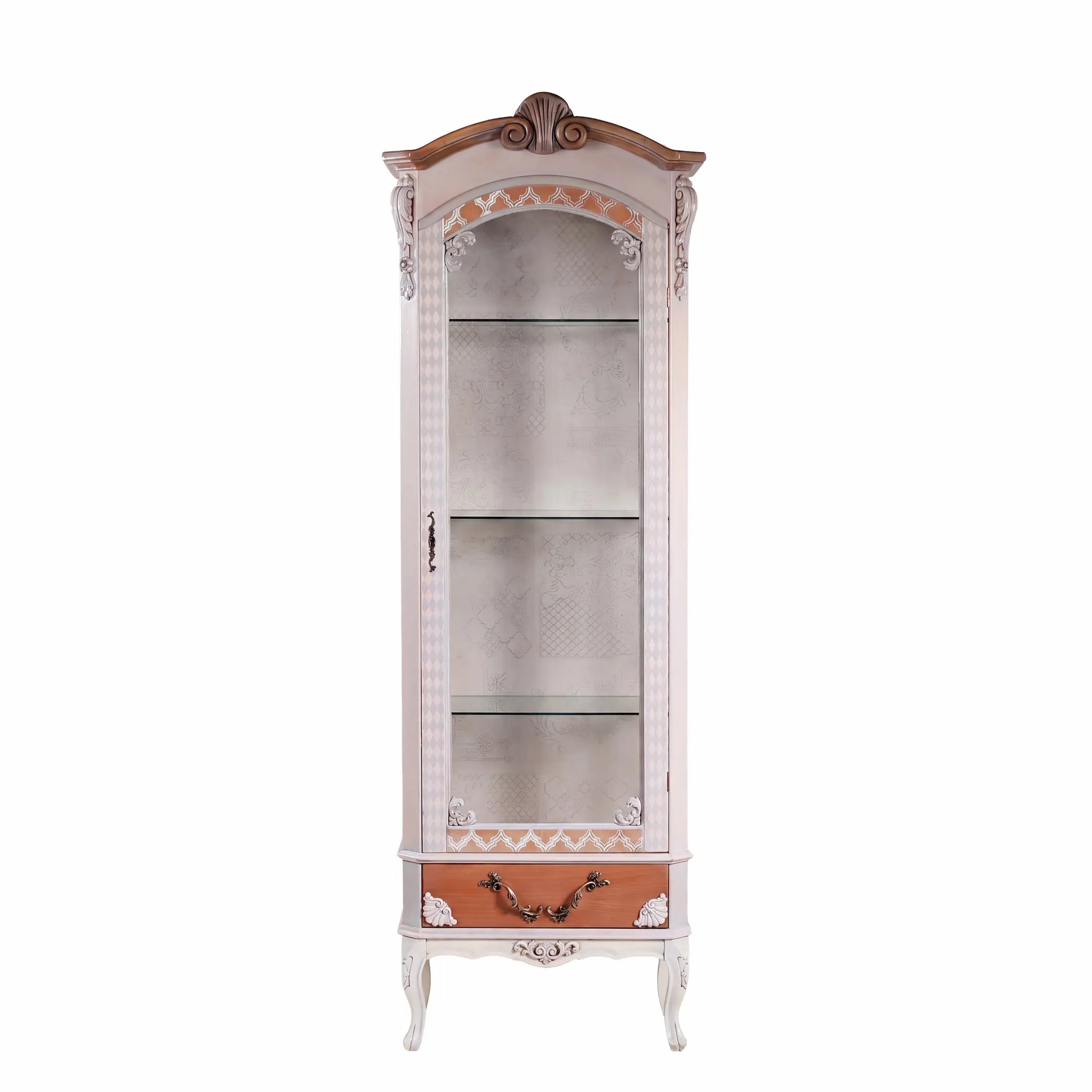 Vitrina Magestic de diseño artesanal en tonos crema y madera con puerta de cristal.