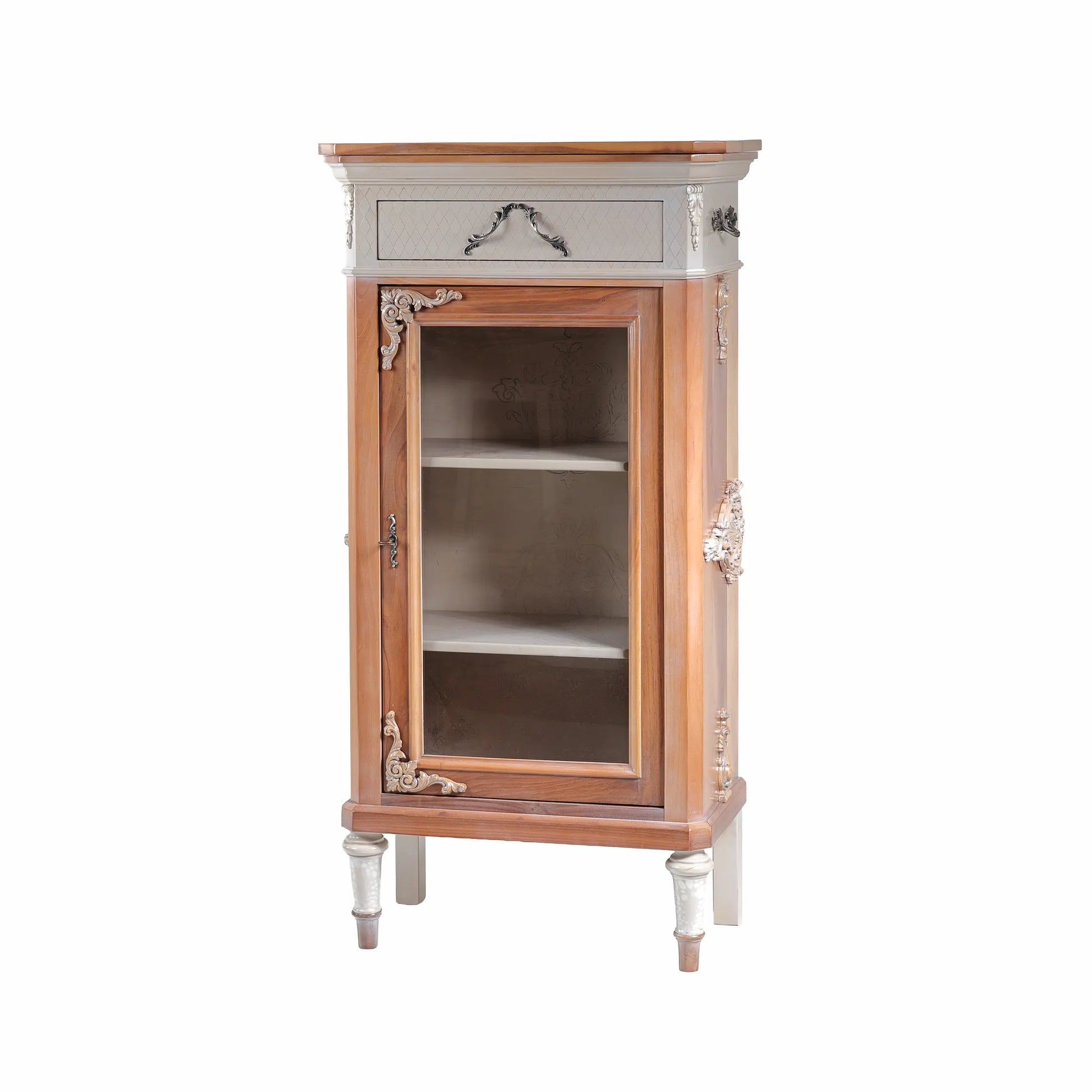 Vitrina Merlín de diseño artesanal con puerta de cristal, cajones superiores y patas decorativas.
