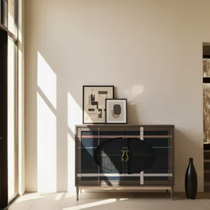Cómoda Asta, un elegante mueble de diseño minimalista en color gris antracita con 2 puertas y patas de madera.